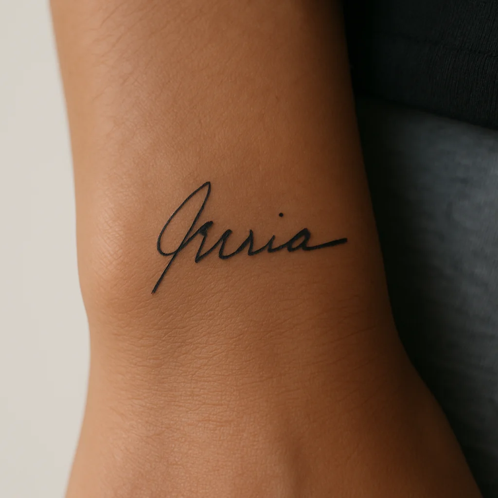 A mother's handwritten first name tattooed in minimalist script on the side of the wrist