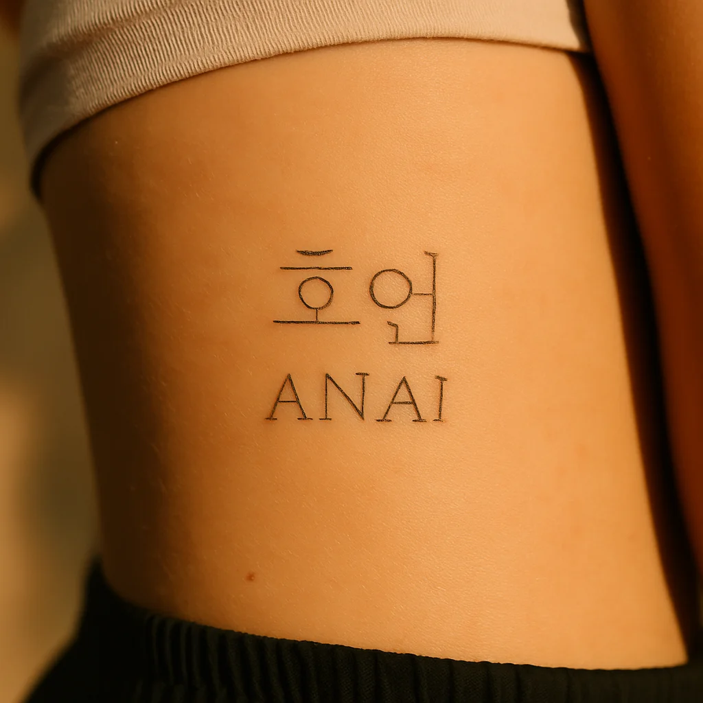 A single word in two alphabets tattooed in fine line down the side of the ribcage