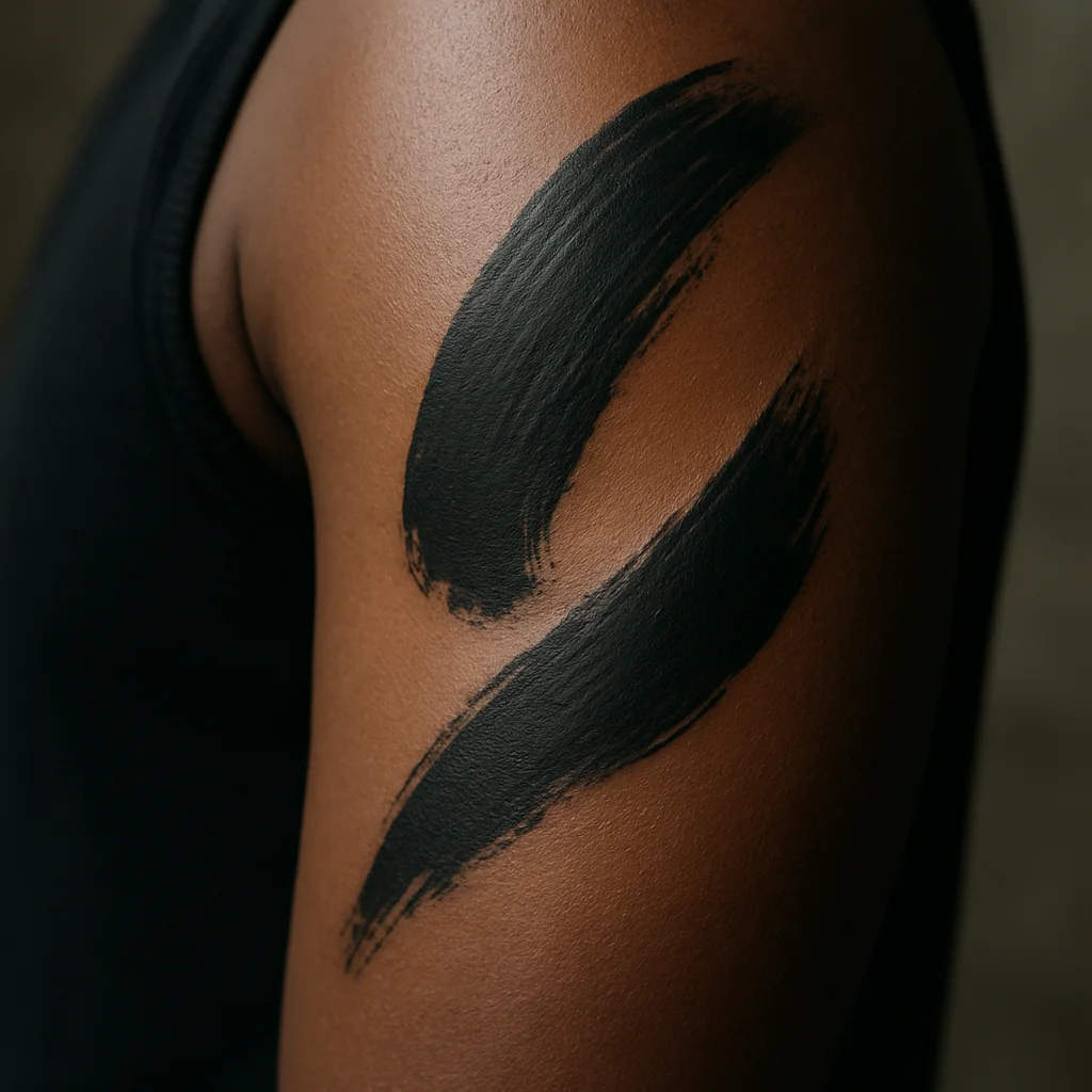 Abstract blackwork brushstroke tattoo across the back of a woman's upper arm