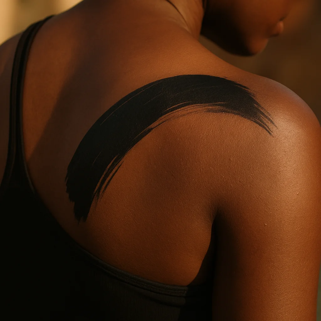 Abstract blackwork brushstroke tattoo arcing across the shoulder blade