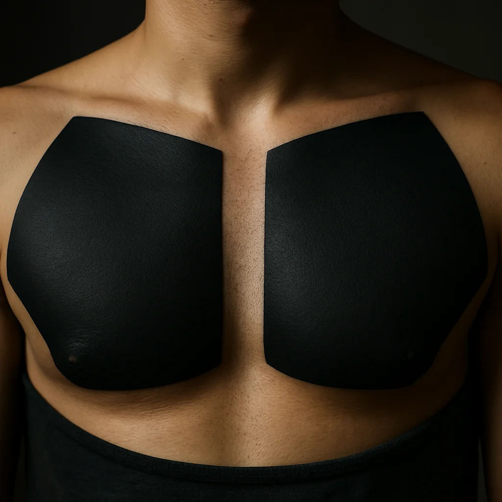 Abstract blackwork chest panels with negative-space gap along the sternum