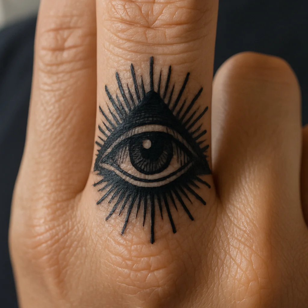 All-seeing eye with radiating lines tattooed on the middle finger knuckle in blackwork