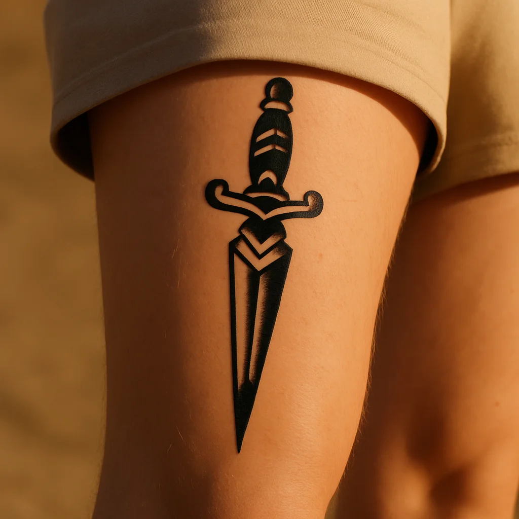 American traditional dagger tattoo pointing downward along the outer seam of a man's thigh