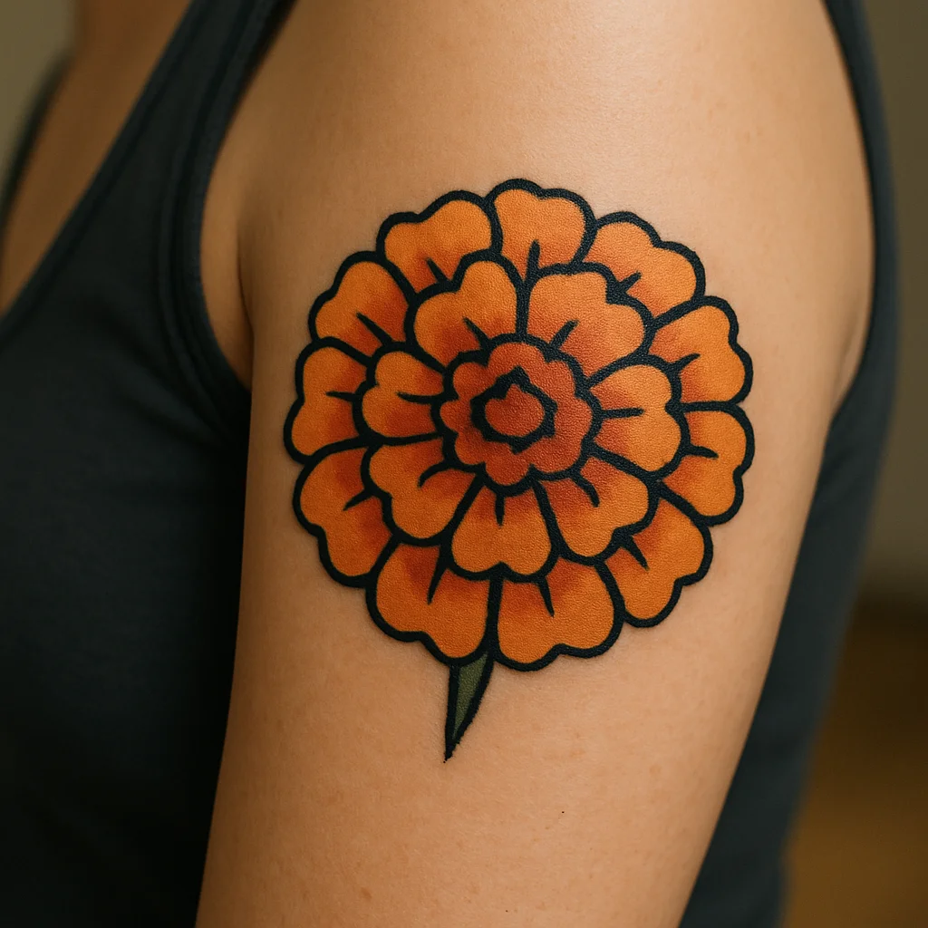 American traditional marigold with bold outline and packed orange petals on the upper arm
