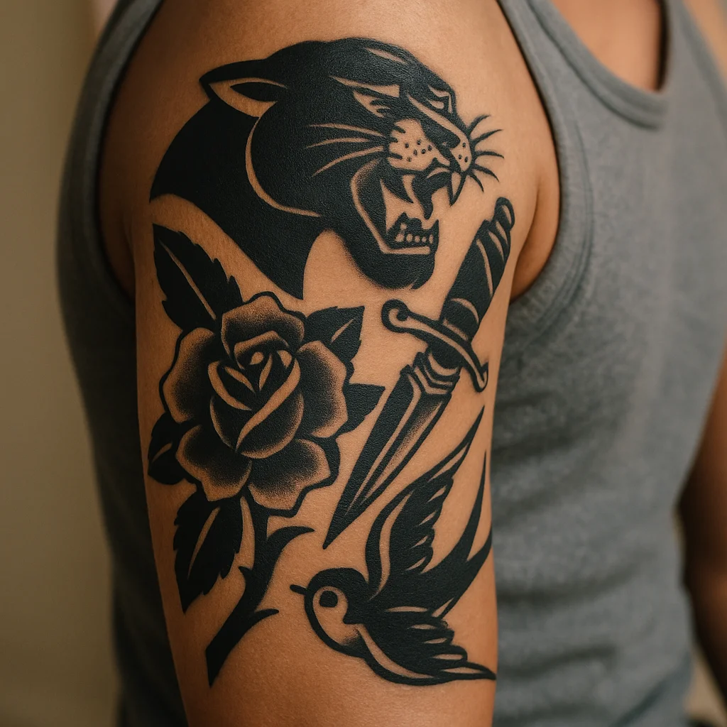 American traditional sleeve with panther, rose and dagger and bold black filler on the upper arm