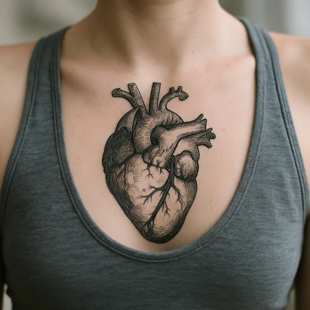 Anatomical heart tattoo centred on the sternum in illustrative style with grey shading