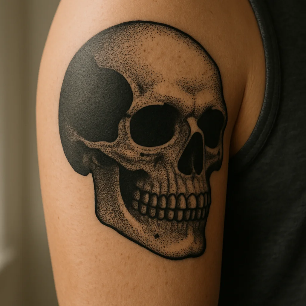 Anatomical skull with black eye sockets and stipple shading on the upper arm