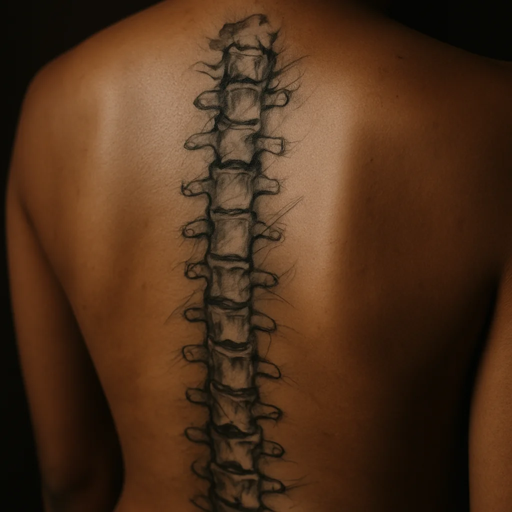 Anatomical vertebrae tattoo in soft grey wash aligned illustratively over the spine