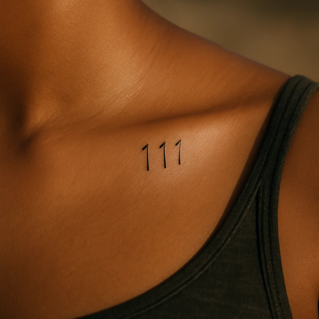 Angel number digits tattooed along the top ridge of the collarbone