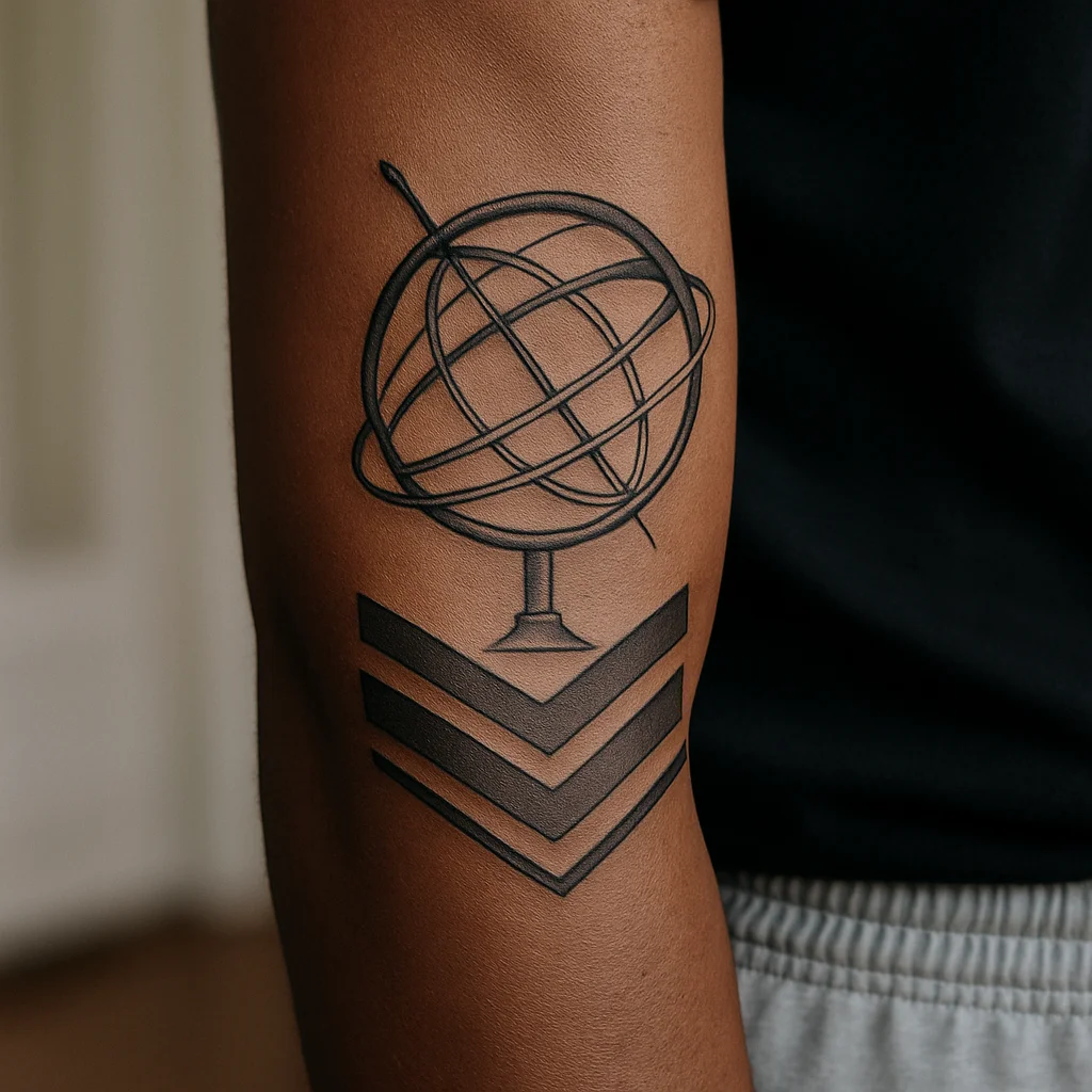 Armillary sphere and geometric ring sleeve tattoo in black and grey on the outer forearm