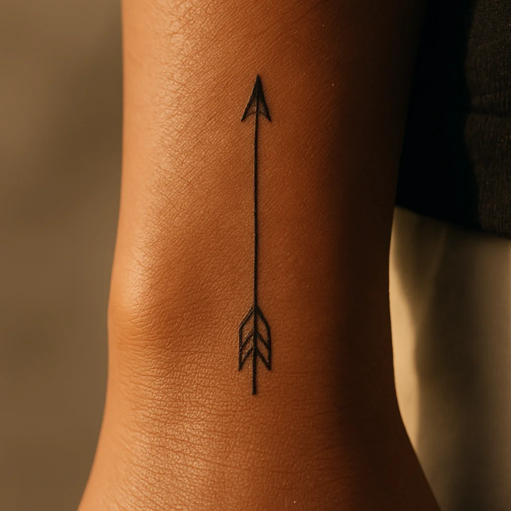 Arrow with single shaft and two fletching lines, minimalist 8mm tattoo on side of wrist