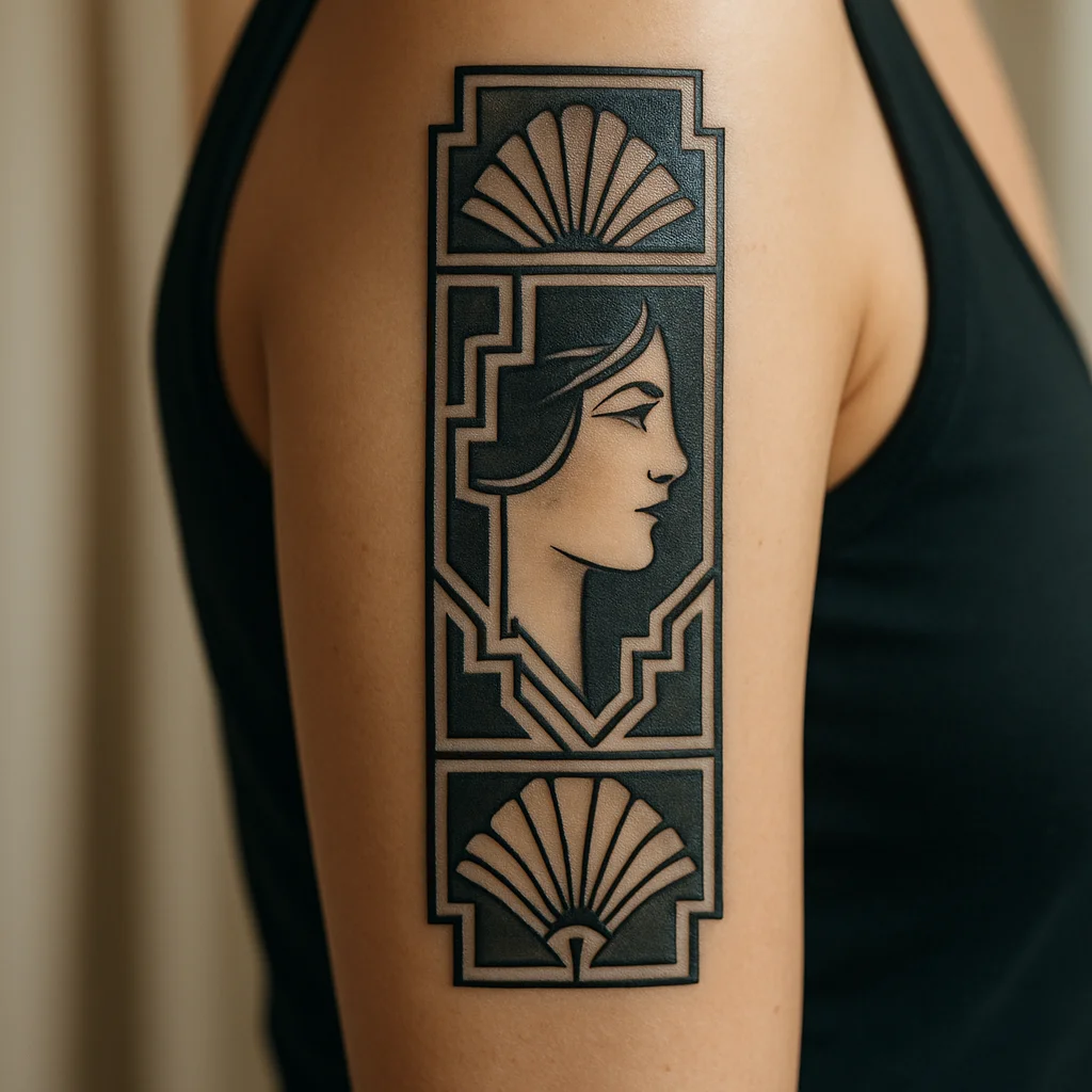 Art deco sunburst fan panels with a woman's profile in geometric style on the upper arm