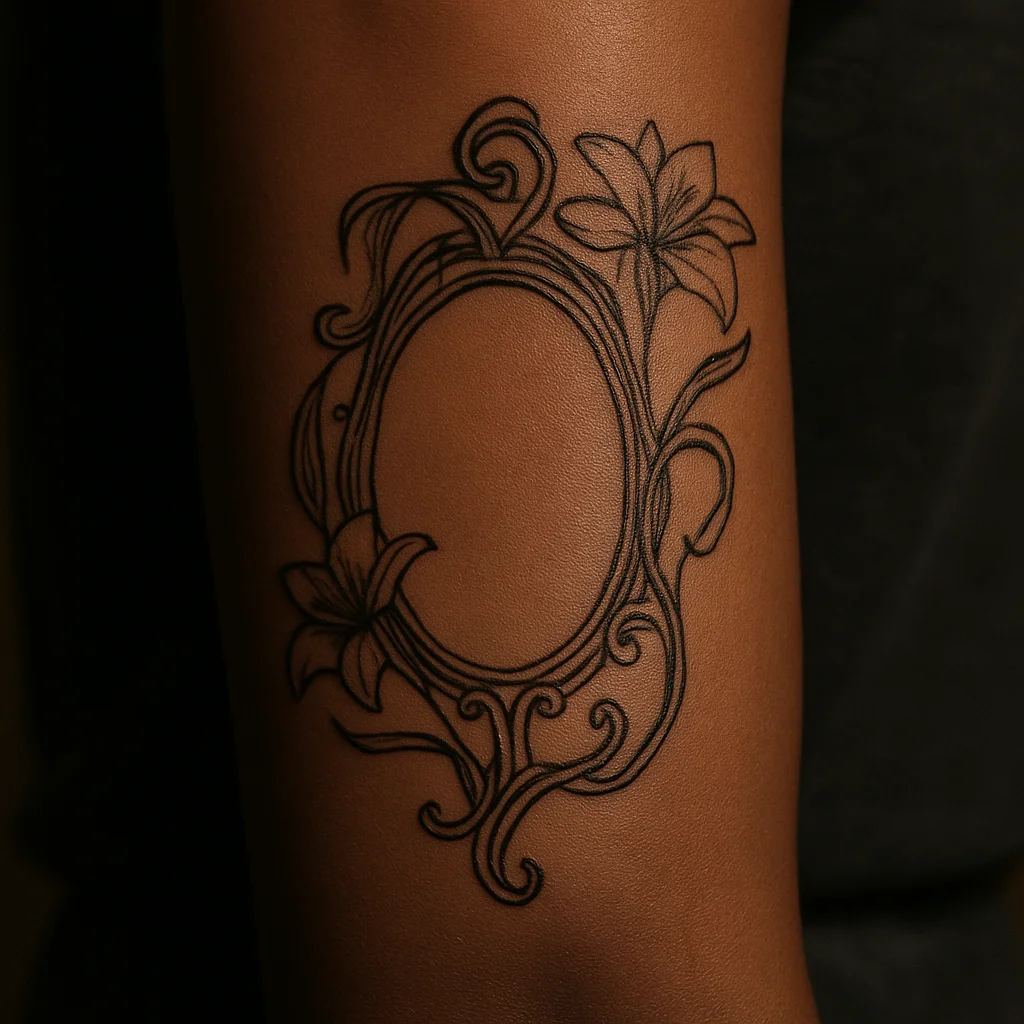 Art nouveau oval mirror with whiplash curves and lilies in fine-line style on the inner forearm
