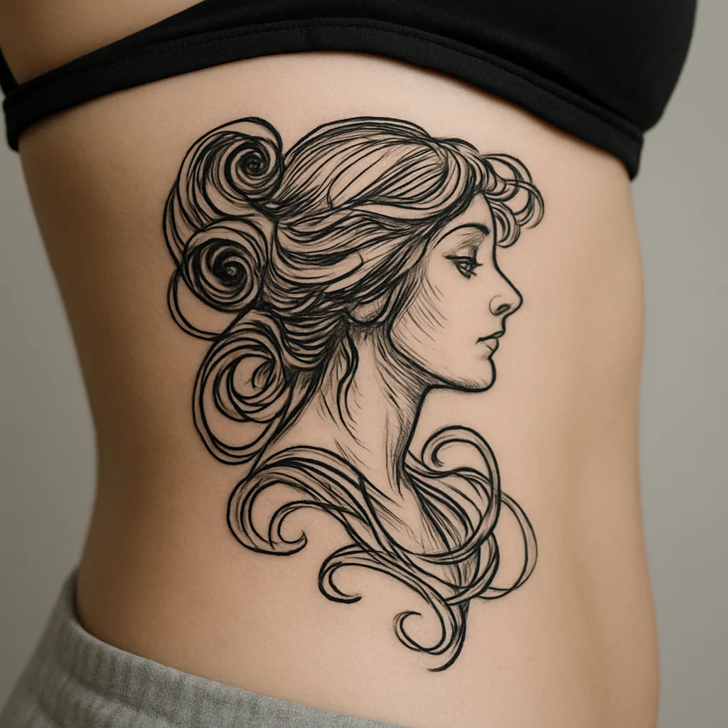 Art nouveau profile with flowing hair as an illustrative tattoo on the ribcage