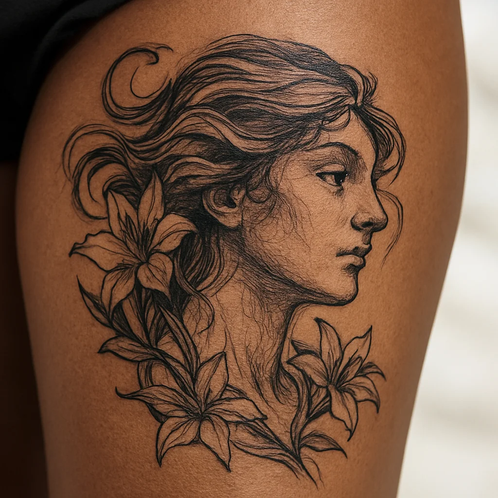 Art nouveau woman profile with flowing hair and lilies tattooed on the front thigh