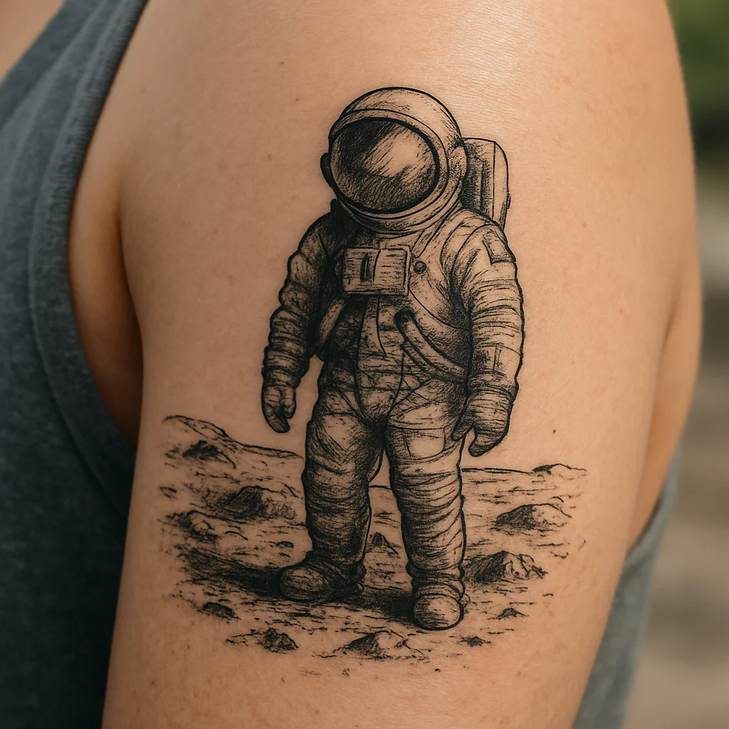 Astronaut on lunar ground with reflective visor tattooed in grey on the upper arm