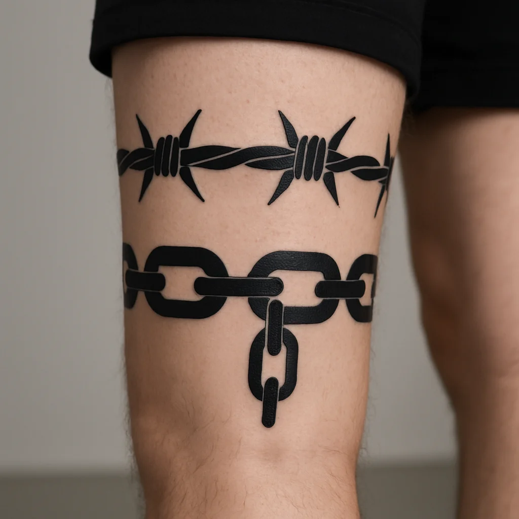 Barbed wire and broken chain bands tattooed around a man's calf in blackwork