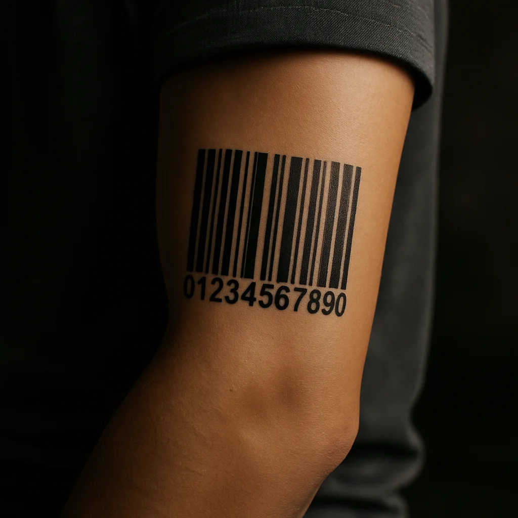 Barcode-style birthdate tattoo with numerals underneath on the outer forearm