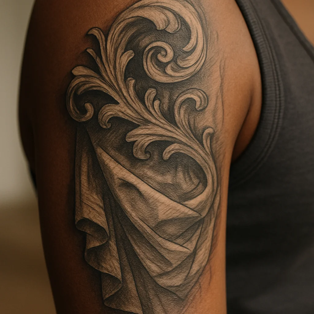 Baroque scrollwork and drapery tattoo in black and grey wrapping a woman's upper arm