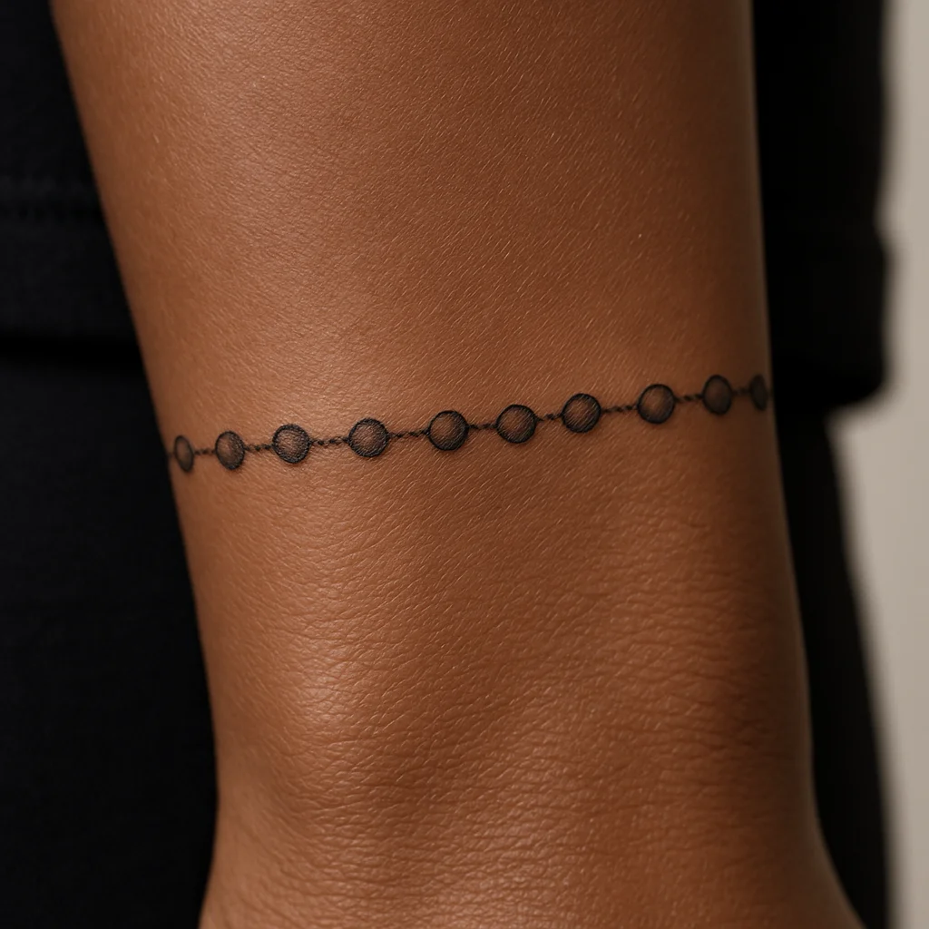 Beaded bracelet tattoo with stippled shading wrapping around the wrist