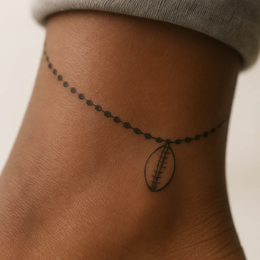 Beaded string anklet tattoo with a small cowrie shell on the outer ankle