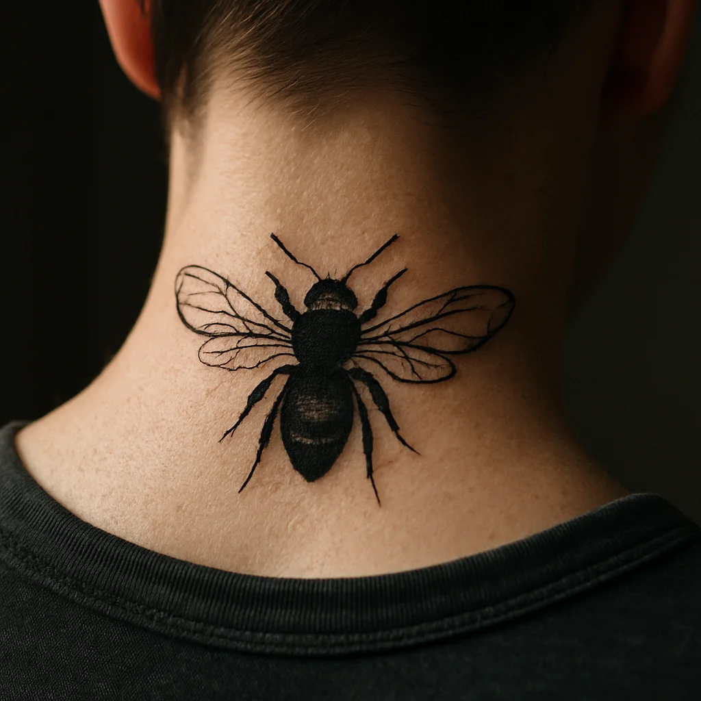 Bee with solid black body and outlined wings, illustrative tiny tattoo on nape of the neck