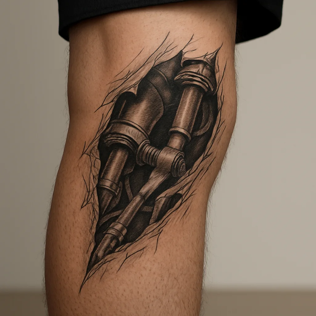 Biomechanical leg sleeve with torn skin, pistons and cabling shaded in grey realism on the calf