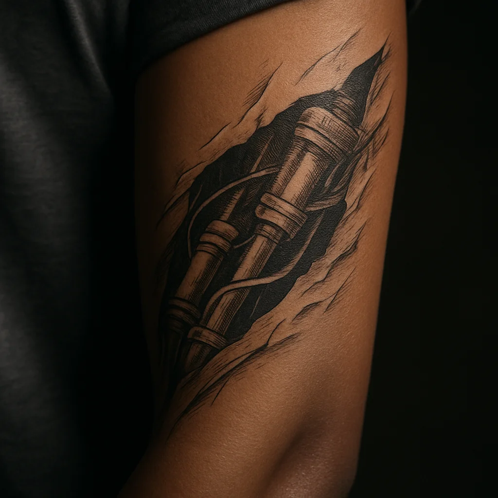 Biomechanical panel with peeled skin and pistons following the muscle lines of the forearm