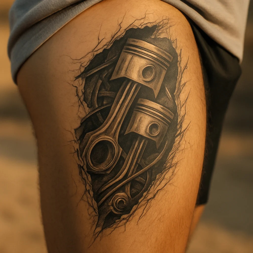 Biomechanical tattoo of pistons and torn skin following the quad muscle on a man's thigh