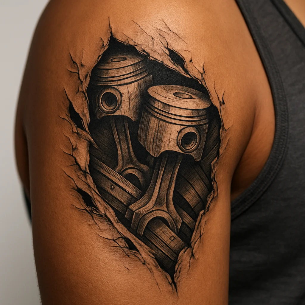 Biomechanical torn-skin tattoo with pistons and plating on a man's upper arm