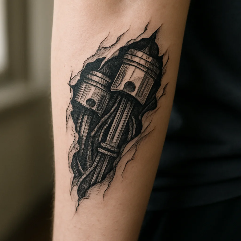 Biomechanical torn skin with pistons and cables on the outer forearm
