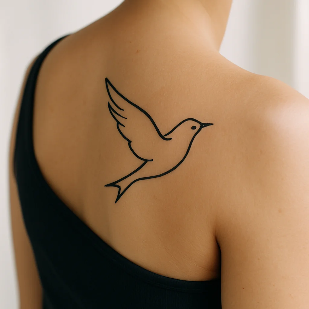 Bird with a deliberately broken outline tattooed in minimalist style on the shoulder blade
