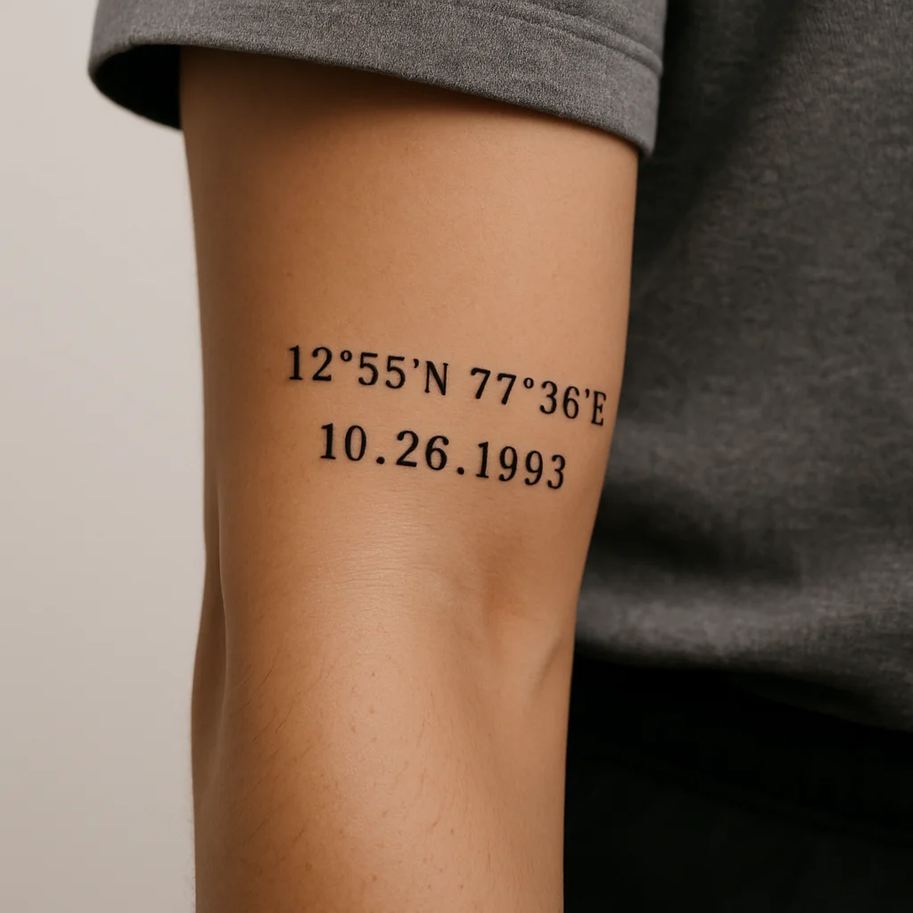 Birth coordinates above a birthdate in monospaced lettering on the inner forearm
