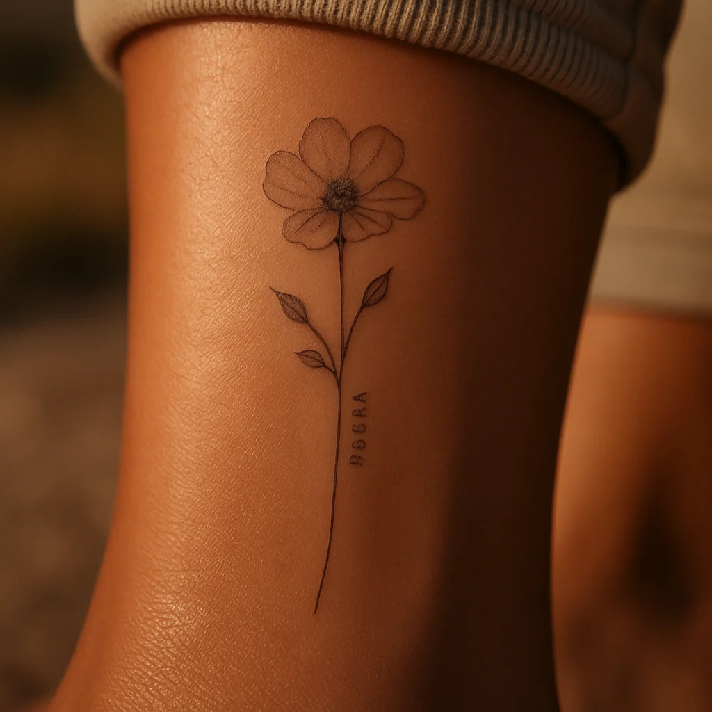 Birth-month flower stem with a tiny birthdate lettered on the stem, fine-line ankle tattoo