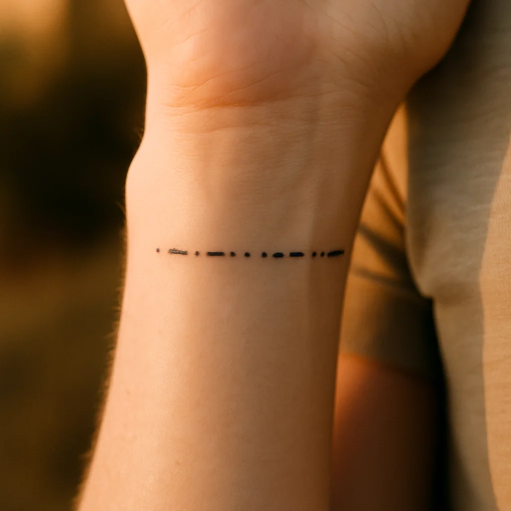 Birthdate in Morse code dots and dashes tattooed along the inner wrist