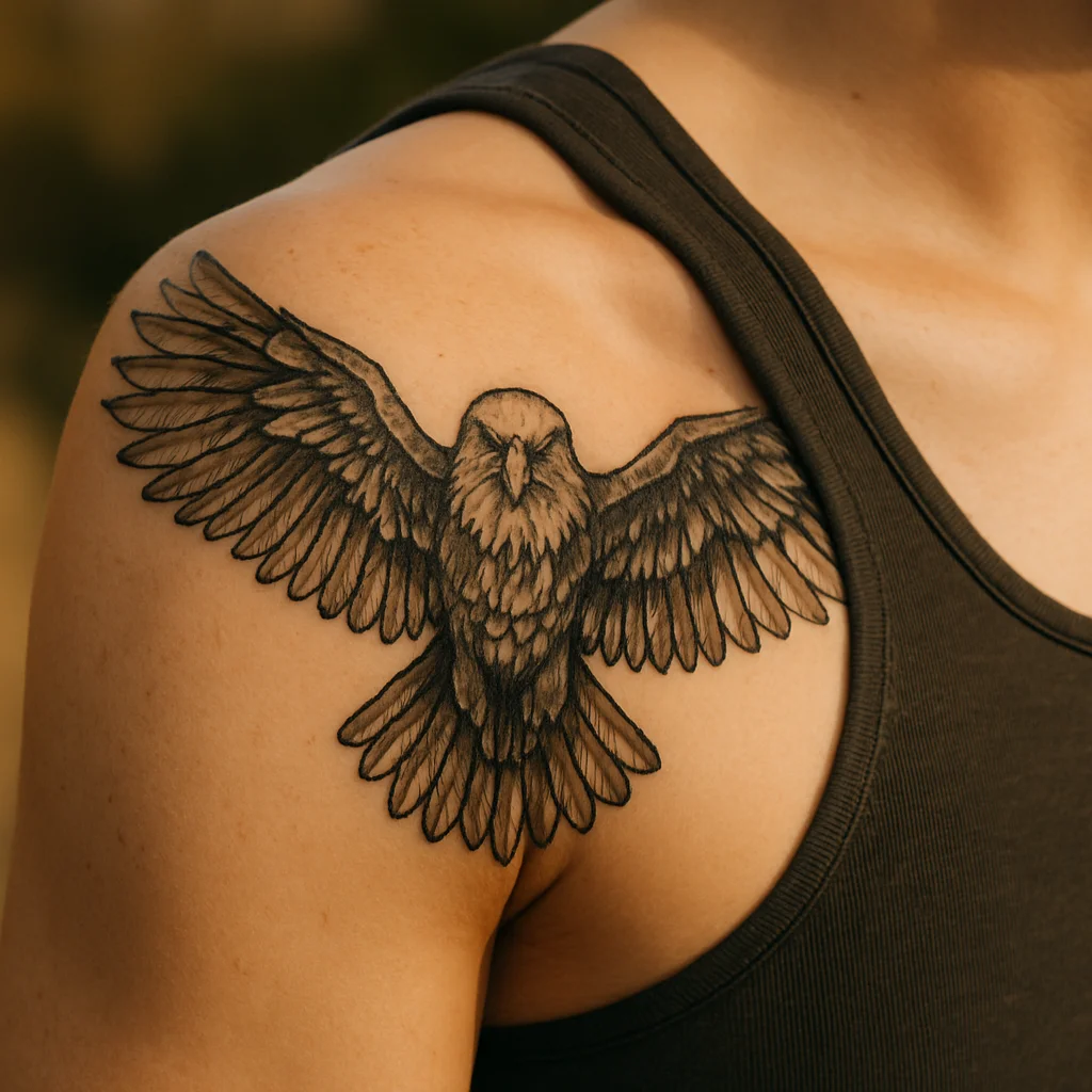 Black and grey eagle with textured spread wings across the shoulder cap