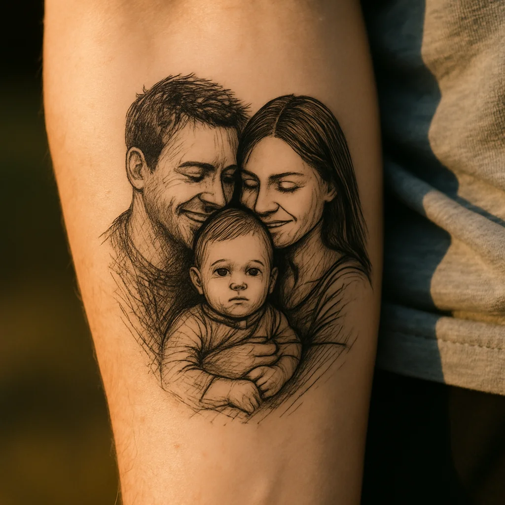 Black and grey family portrait with soft vignette on the inner forearm