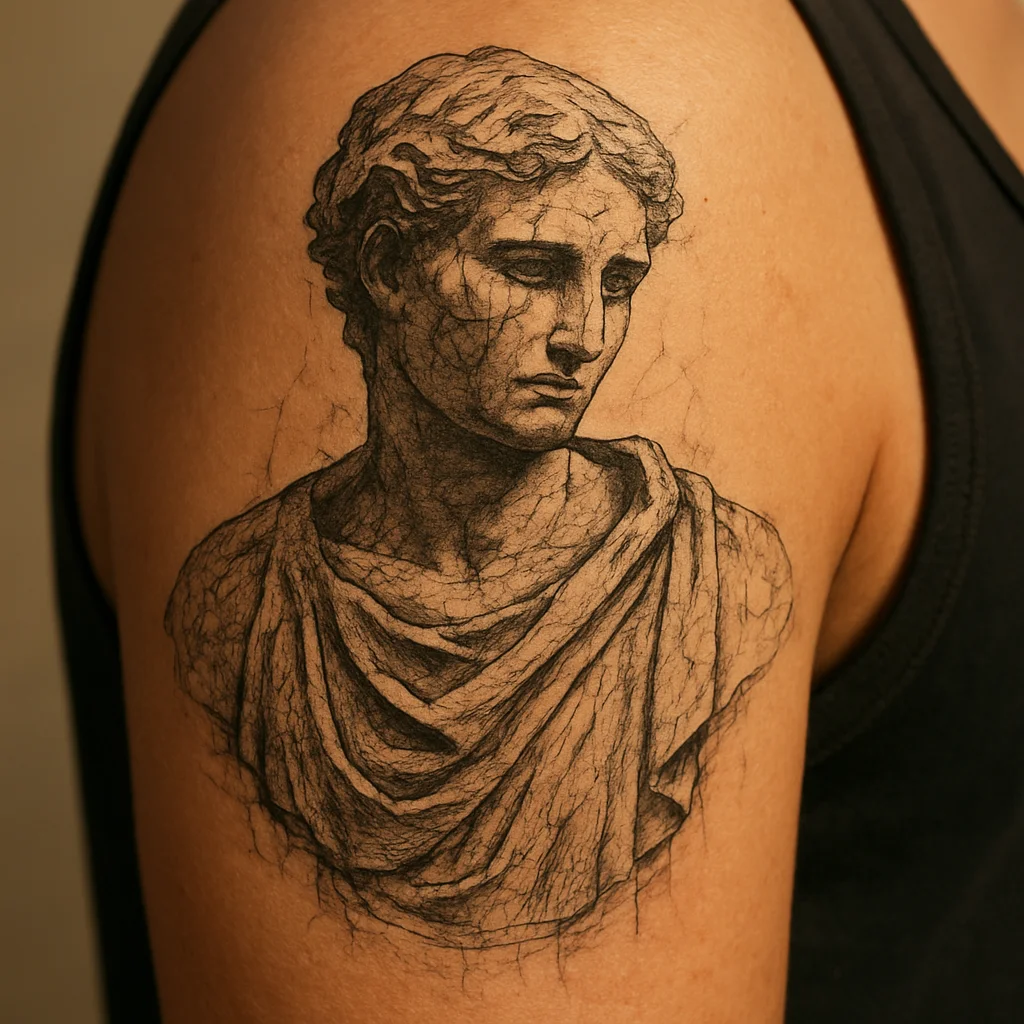 Black and grey Greek marble bust with draped fabric tattooed on the upper arm