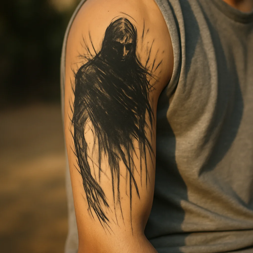 Black and grey half sleeve layout with a dark focal figure and open skin channels on the arm