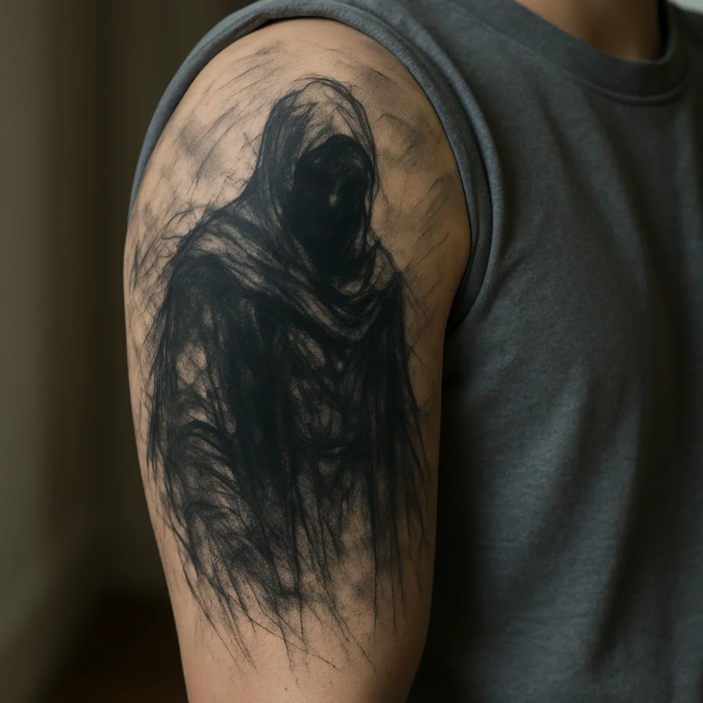 Black and grey half sleeve with dark focal figure and grey wash background on the upper arm