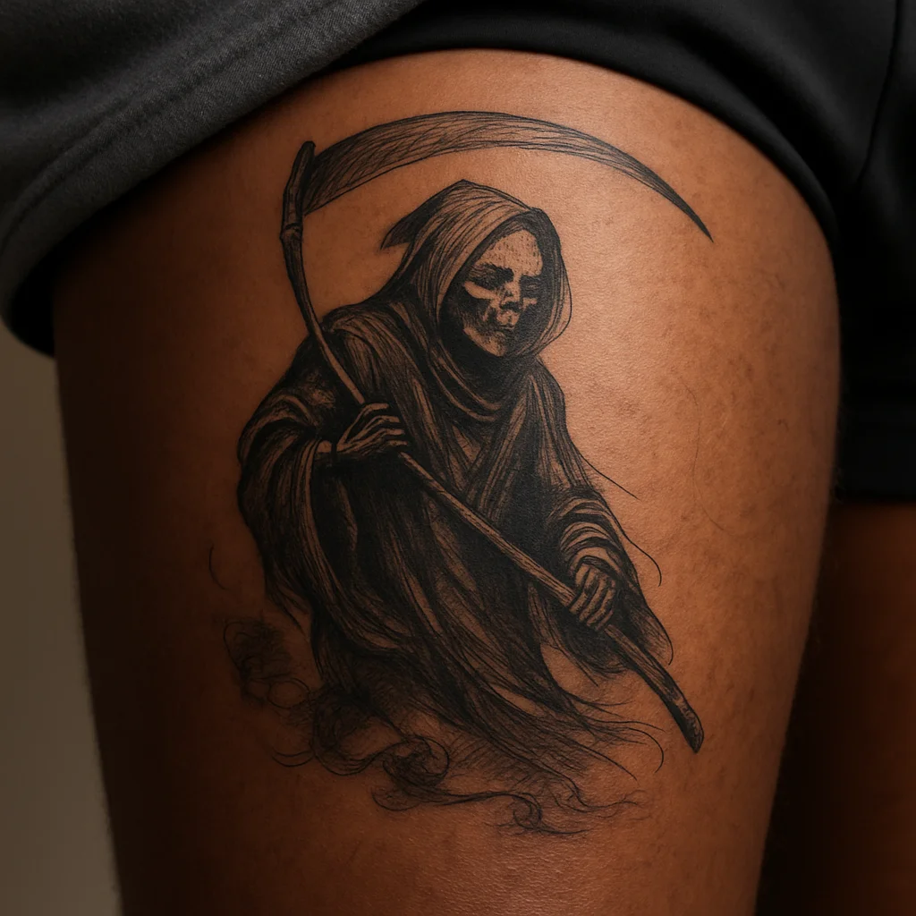Black and grey hooded reaper tattoo with scythe covering a man's front thigh