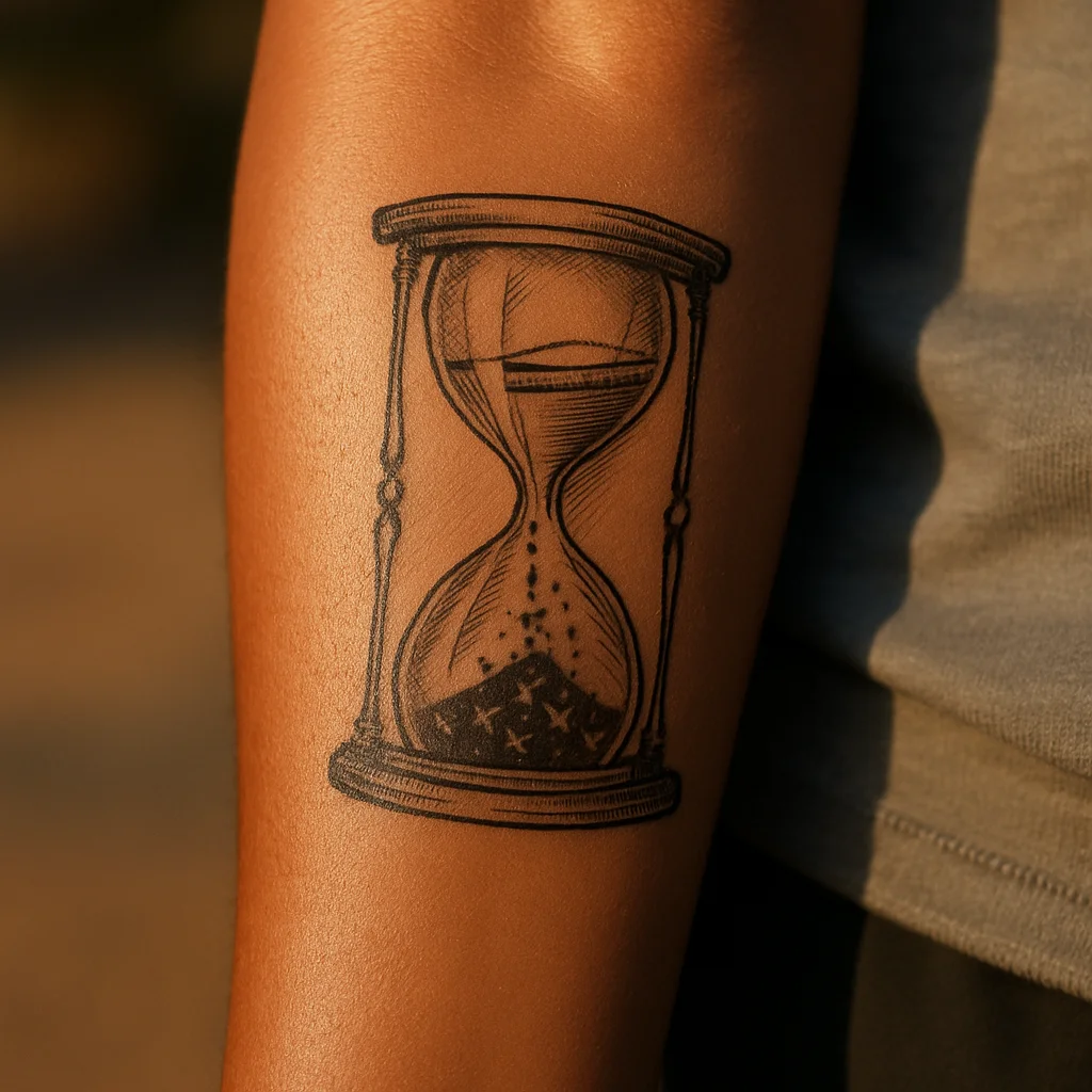 Black and grey hourglass tattoo with star-filled sand on a woman's outer forearm