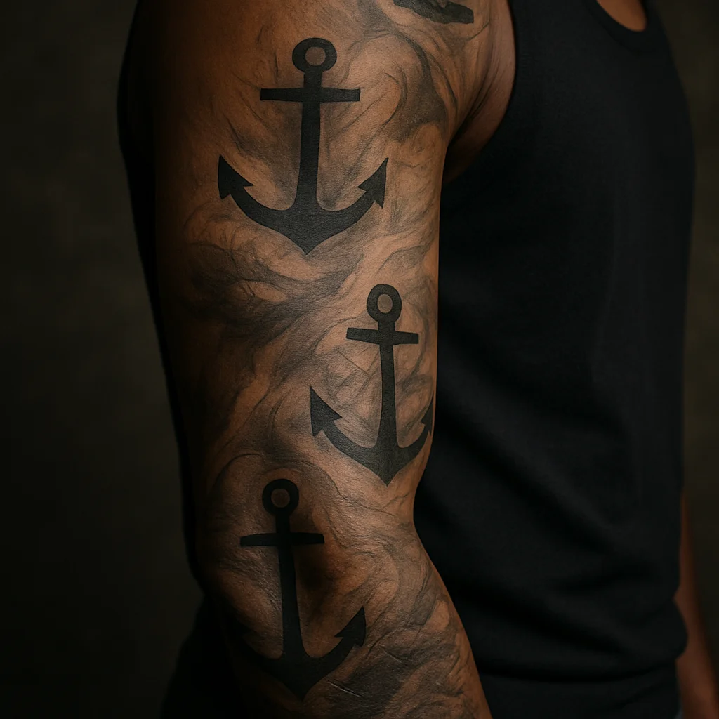 Black and grey illustrative sleeve with grey wash shading and negative space channels on a woman's full arm