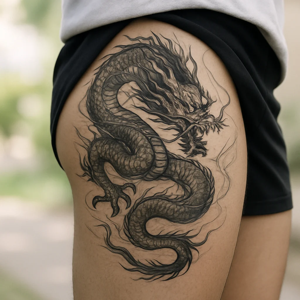 Black and grey Japanese dragon panel wrapping the quad from hip to knee in illustrative style on a man's thigh