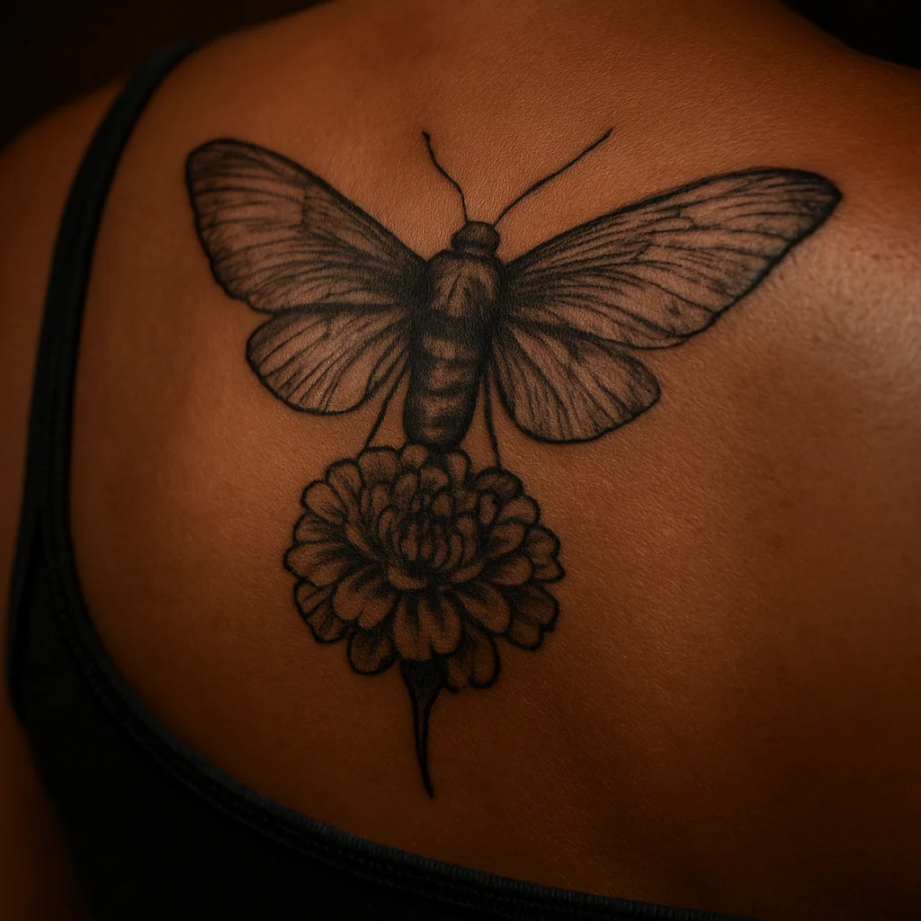 Black and grey moth carrying a marigold head tattooed on the shoulder blade