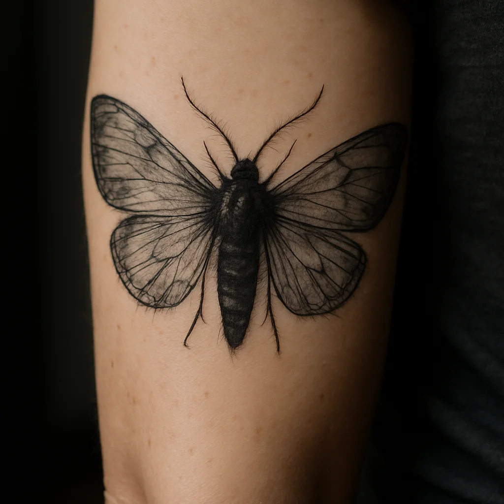 Black and grey moth tattoo with dust-soft wings centred on a woman's inner forearm