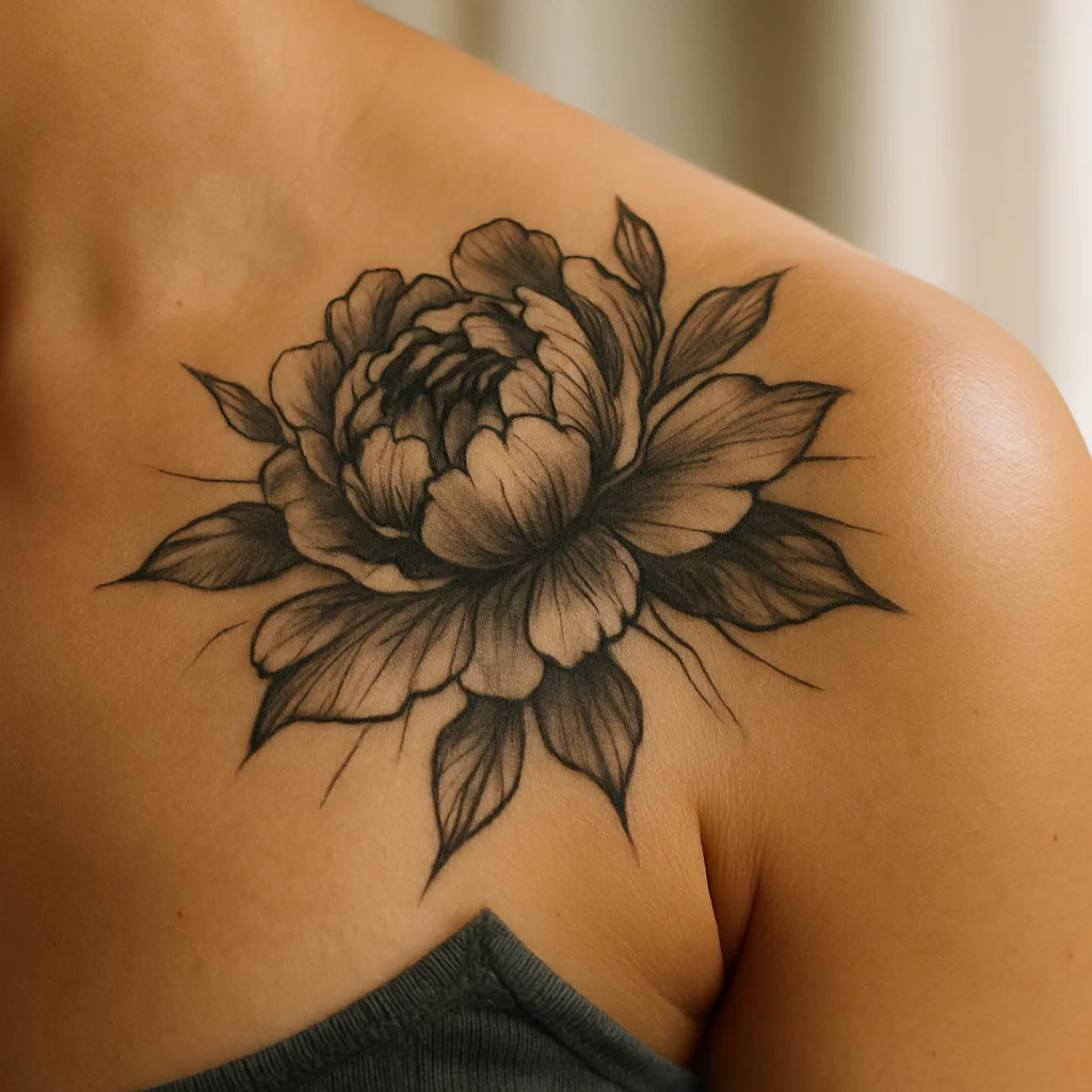 Black and grey peony on the shoulder cap with petals reaching over the collarbone end