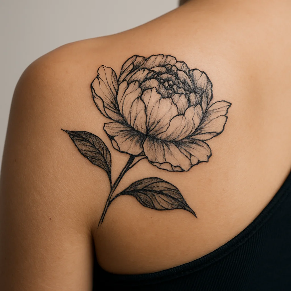 Black and grey peony tattoo hugging the curve of the shoulder blade