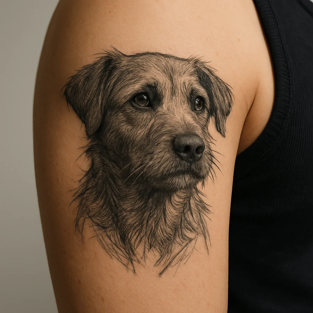Black and grey pet portrait tattoo with soft fur shading on a woman's upper arm