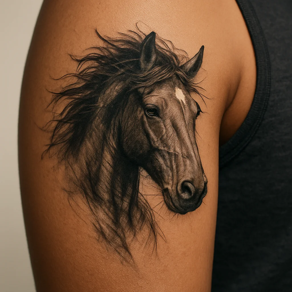 Black and grey realism horse portrait tattoo with flowing mane on a woman's upper arm